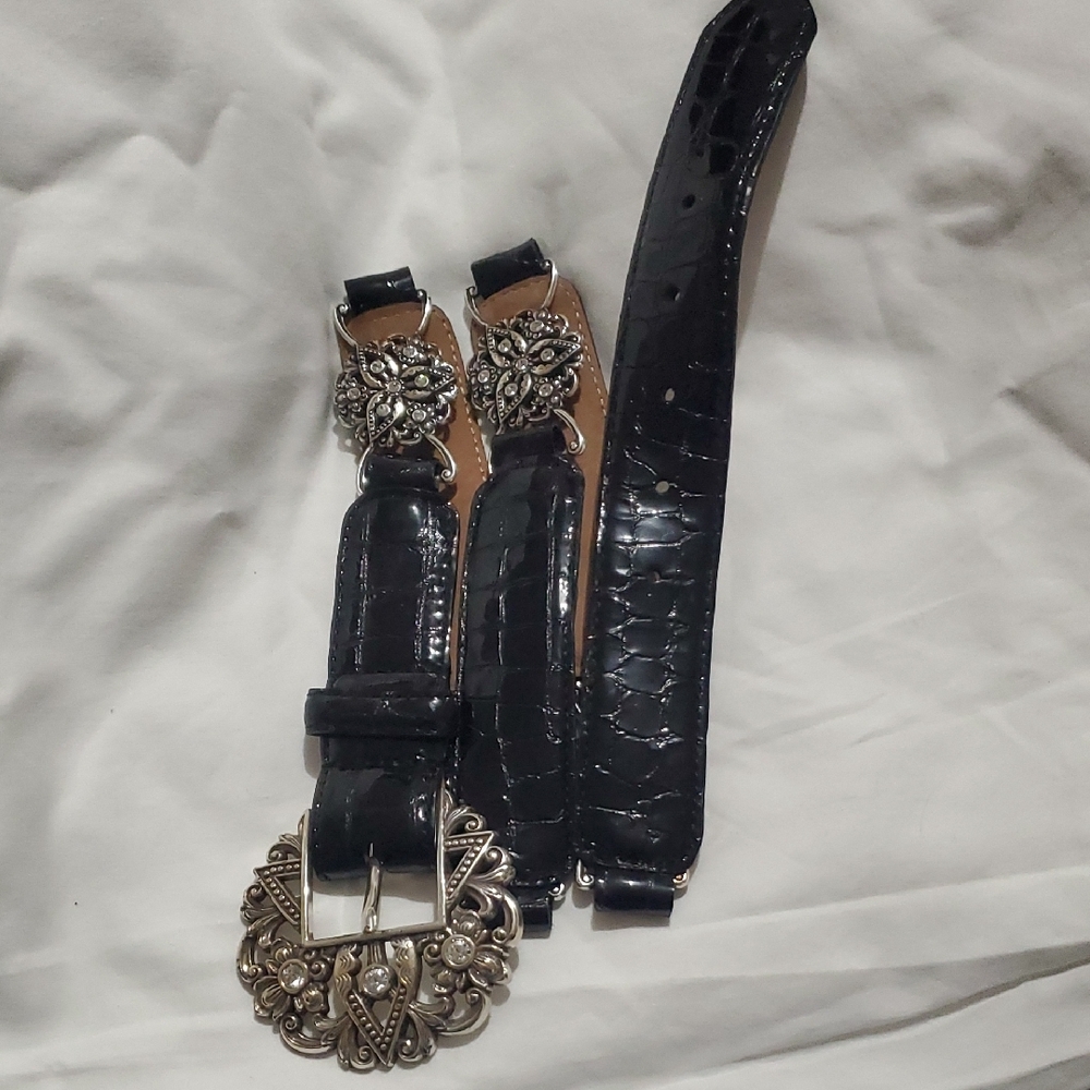 BRIGHTON Elegant Black Leather Belt with  Swarovski Silver Buckle